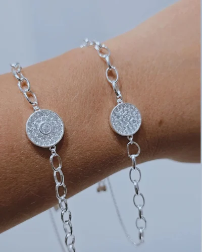 Pulsera plata regulable con rolo y cubic circular