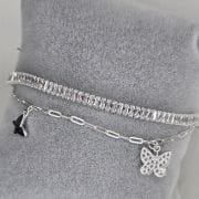 Pulsera doble con eslabon tenis y forcet con dijes mariposas PLATA 925