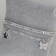 Pulsera doble con eslabon tenis y forcet con dijes mariposas PLATA 925