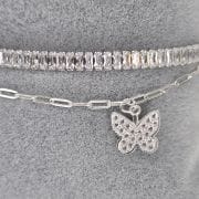 Pulsera doble con eslabon tenis y forcet con dijes mariposas PLATA 925