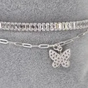Pulsera doble con eslabon tenis y forcet con dijes mariposas PLATA 925