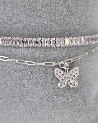 Pulsera doble con eslabon tenis y forcet con dijes mariposas PLATA 925