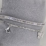 Pulsera doble con eslabon tenis y forcet con dijes mariposas PLATA 925