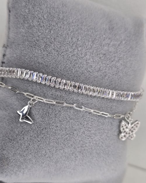 Pulsera doble con eslabon tenis y forcet con dijes mariposas PLATA 925