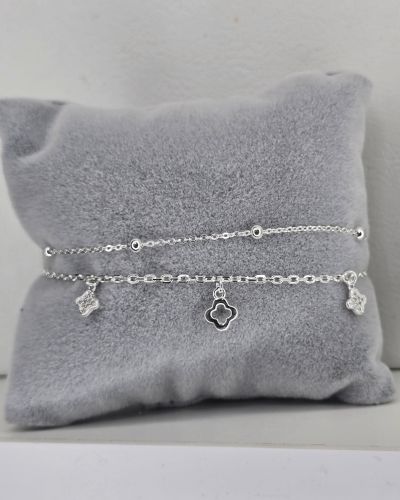 Pulsera doble con bolitas de plata y flores