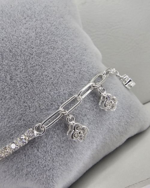 Pulsera plata conbinada con eslabon tenis forcet,flores colgantes