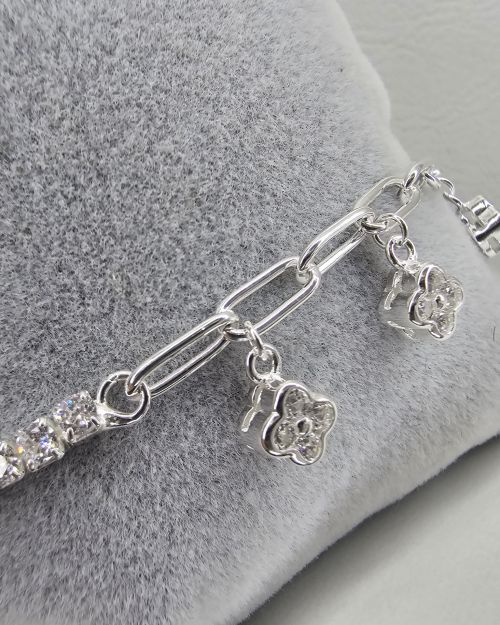 Pulsera plata conbinada con eslabon tenis forcet,flores colgantes