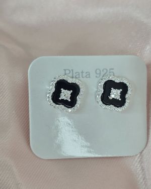 zarcillos de flor negros plata pasantes
