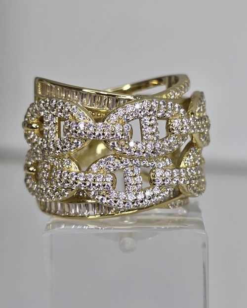 Anillo ancho importante plata rodinada con baño gold eslabones