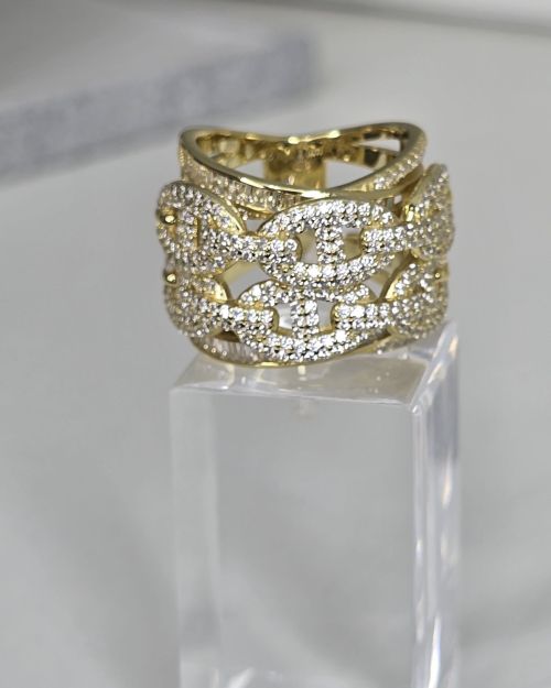 Anillo ancho importante plata rodinada con baño gold eslabones