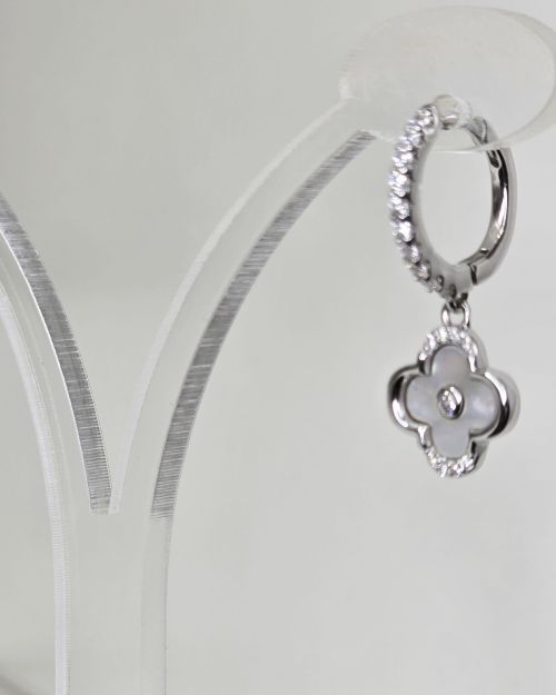 Aros trebol colgante rodinados con brillo y cubics NACAR BCO