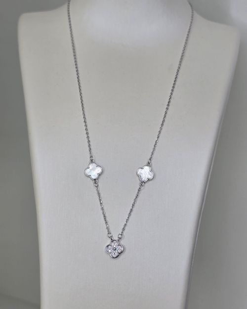Cadena 3 treboles, nacar con pave. Plata rodinada