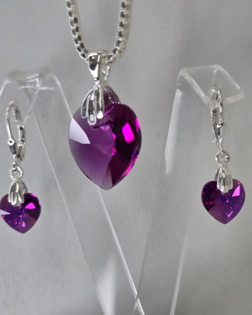 Dije corazón cristal swarovsky fuccia 24 mm plata