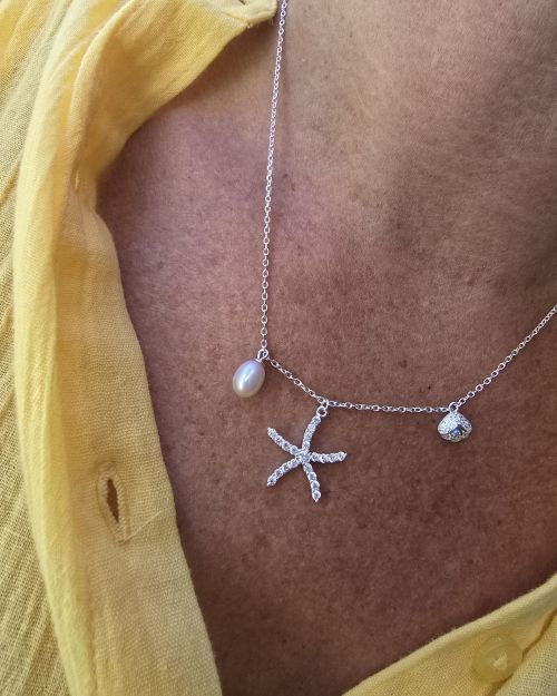 Gargantilla colección Mar – Perla, estrella, ostra plata