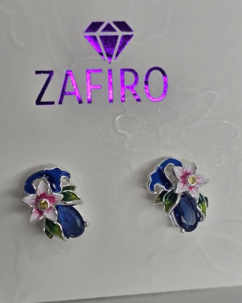 Zarcillos de flor azules esmaltados plata