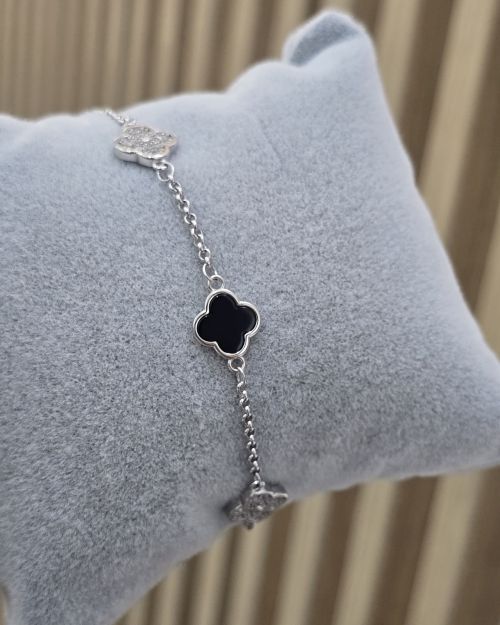 Pulsera de plata rodinada trebol nacar negro y pave
