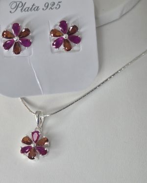 Conjunto de Flor aros más dije fuccia y naranja