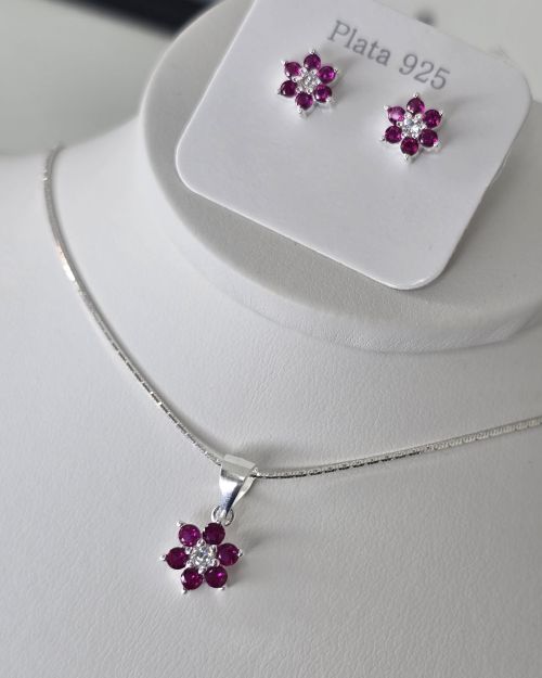 Conjunto flor aros más dije fuccia