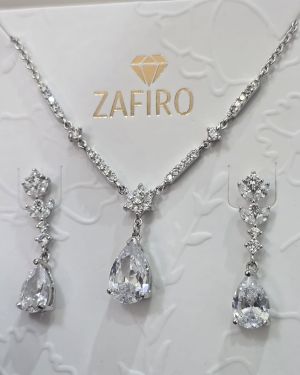 Conjunto gota plata rodinada cadena más aros