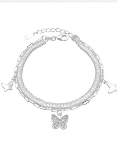 Pulsera doble tenis brillo con cadena y dijes mariposa Plata 925