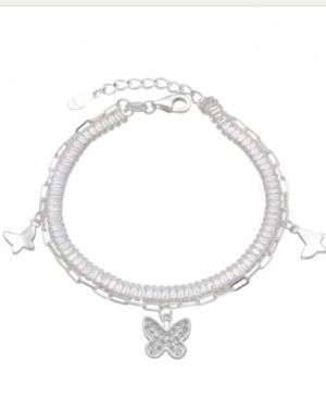 Pulsera doble tenis brillo con cadena y dijes mariposa Plata 925