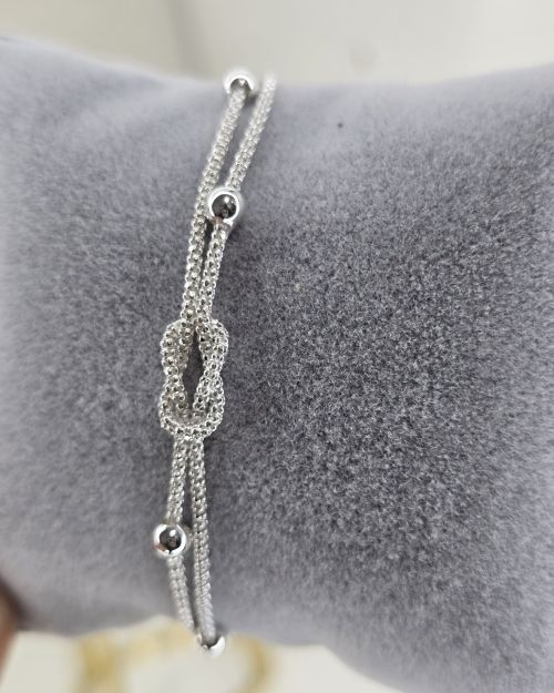 Pulsera doble Plata italiana con bolitas y nudo