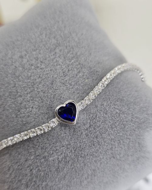 Pulsera tenis brillo con dije corazón azul Plata 925